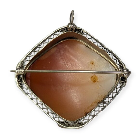 Antique 14k White Gold Large Cameo Filigree Pendant Brooch/Pin 1 1/2" x 1 1/2" - Picture 6 of 14